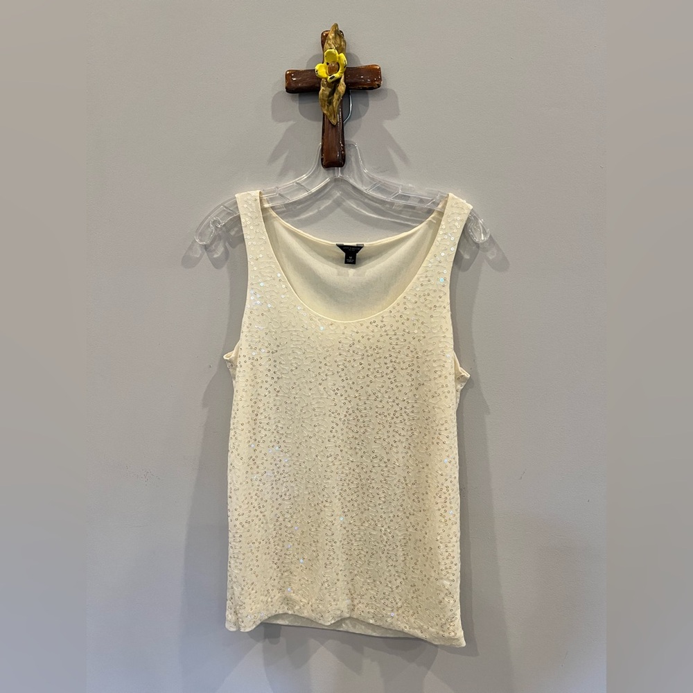 Ann Taylor Ivory sequin Mesh Knit Top perfect for holiday parties!